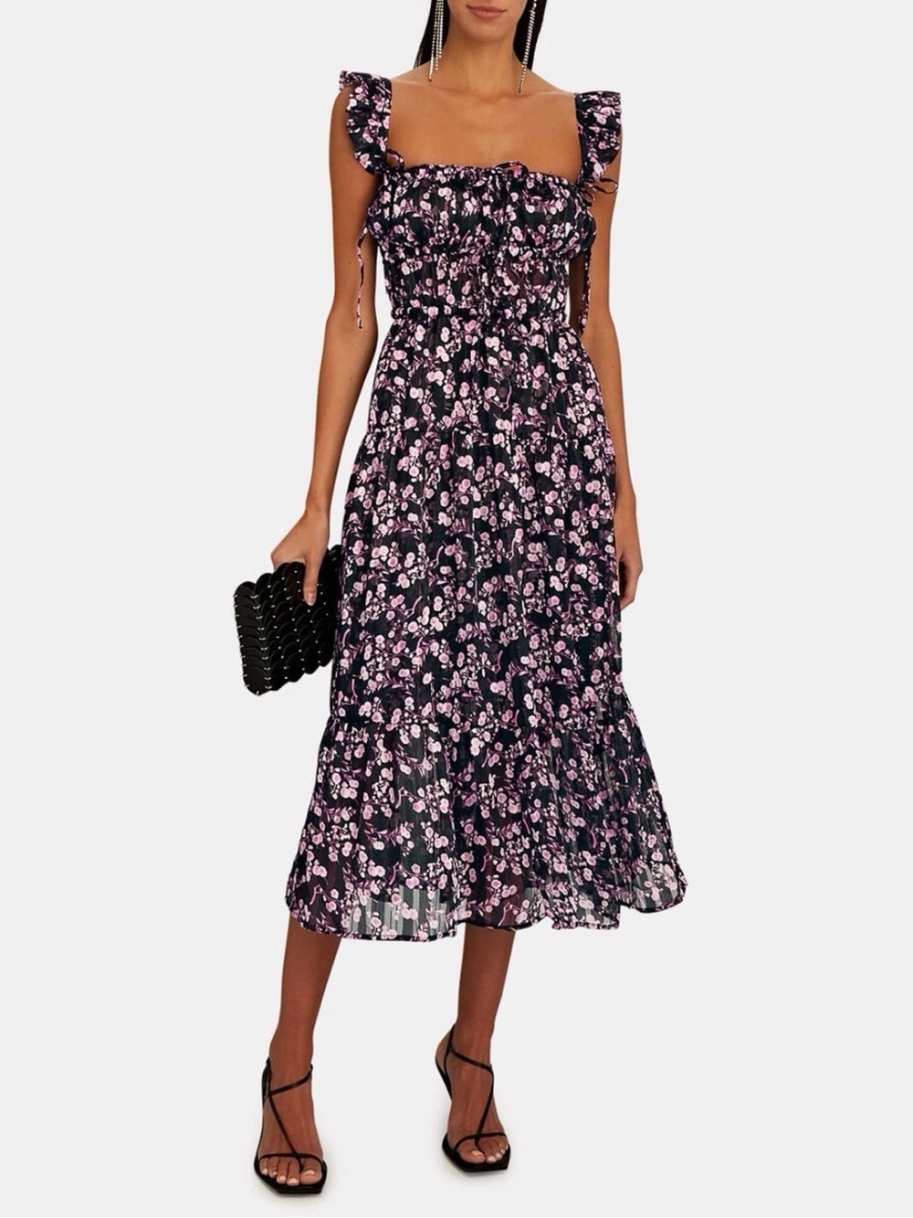 NWT Sabina Musayev Solsana Floral Metallic Tiered Midi Maxi Dress XS